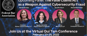 A banner for a conference with the theme of The False Claims Act as a Weapon Against Cybersecurity Fraud