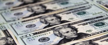 twenty dollar bills lined in a row on a flat surface