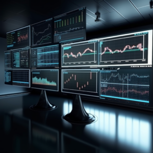 multiple computer screens showing different graphs
