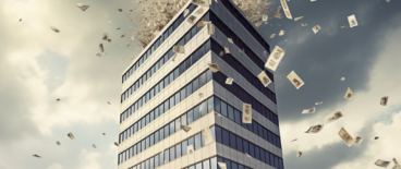 big corporate building with money flying out of it