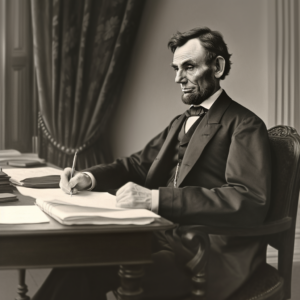 Abraham Lincoln signing a document at his desk