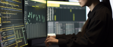 A woman typing codes into a giant monitor