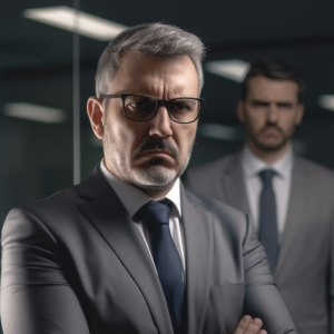 an angry boss glaring at someone off camera