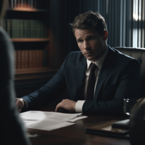 lawyer sitting at his desk talking to someone out of frame