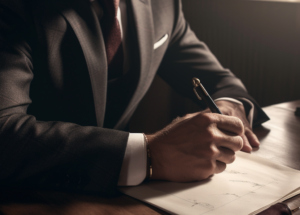 lawyer writing at his desk