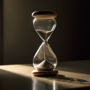 An hourglass with sand falling down sits on a wooden, sunlit table