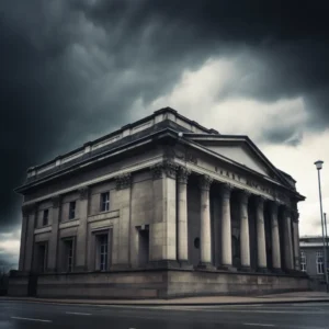 A large bank on a dark and cloudy day