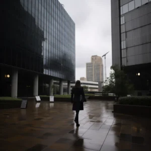 A woman in business clothing walks away from a dark office building