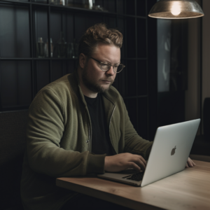 a person sitting down and using a laptop