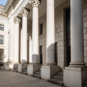 the outside of a courthouse with pillars