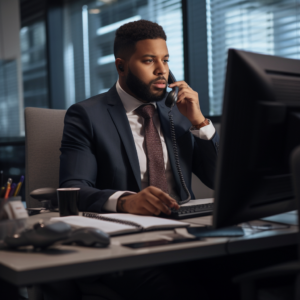 a man in a suit sitting at his desk, talking on the phone, and looking at his computer screen