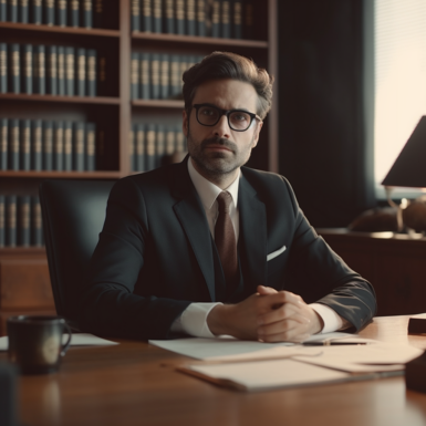 man in a suit sitting at a desk with papers in front of him