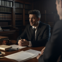 a man in a suit sitting at a desk and talking to someone sitting across from him