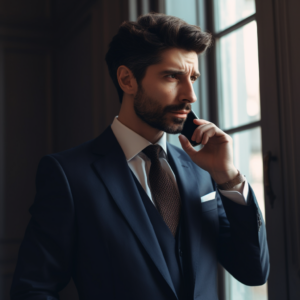 a man in a suit talking on the phone next to a window