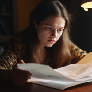 a woman looking through papers
