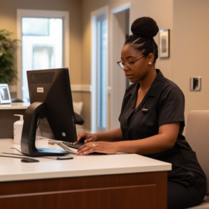 a woman in scrubs using a computer