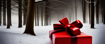 a red present box in the snowy woods